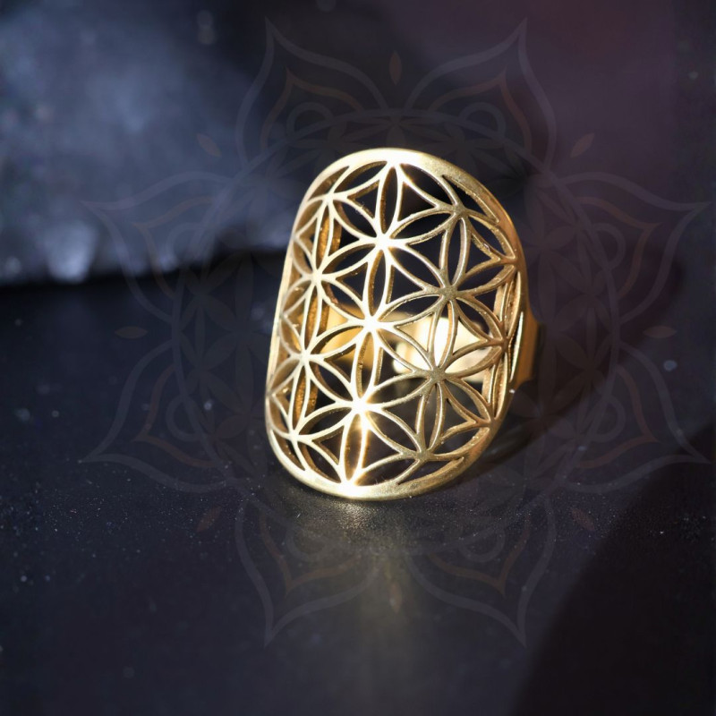 Bague grande Fleur de Vie dorée – bijou géométrie sacrée informé en biorésonance