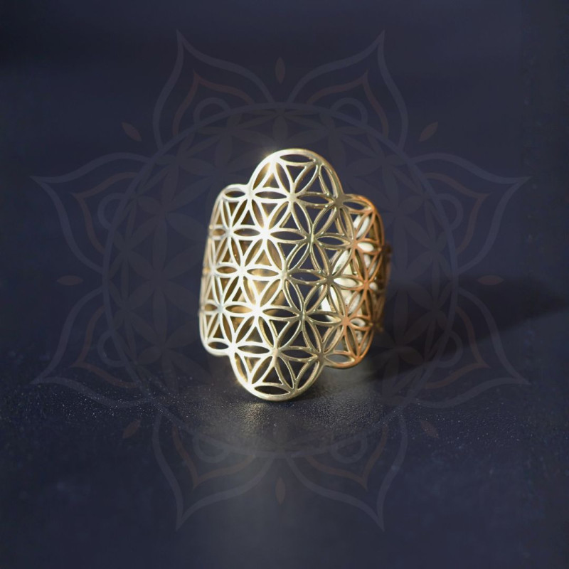 Bague Fleur de Vie enveloppante motif géométrie sacrée – bijou artisanal en acier inoxydable