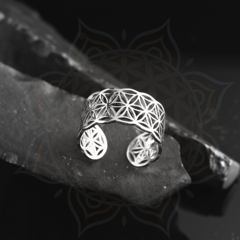 Bague Fleur de Vie étroite informée en biorésonance – bijou énergétique en acier inoxydable