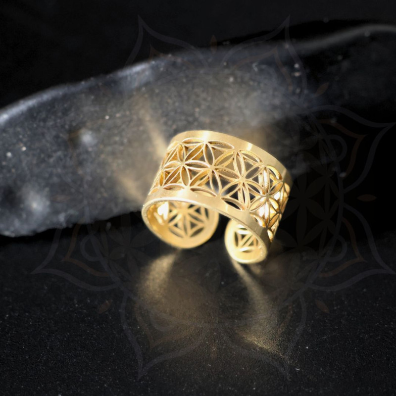 Bague mixte Fleur de Vie dorée – bijou géométrie sacrée informé en biorésonance