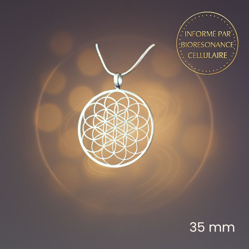 Pendentif Fleur de Vie centrale 35 mm informé en biorésonance – bijou géométrie sacrée en acier inoxydable