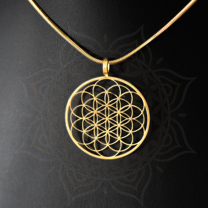 Pendentif Fleur de Vie centrale doré – symbole géométrie sacrée informé en biorésonance