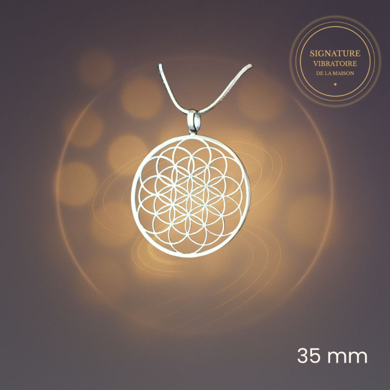Pendentif Fleur de Vie centrale 35 mm informé en biorésonance – bijou géométrie sacrée en acier inoxydable