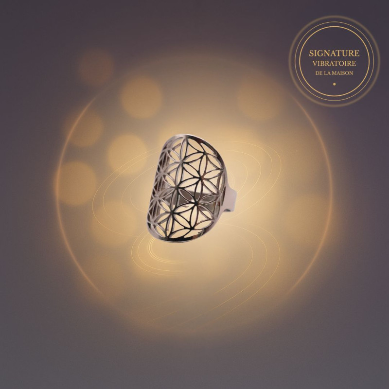 Bague grande Fleur de Vie informée en biorésonance – bijou géométrie sacrée en acier inoxydable