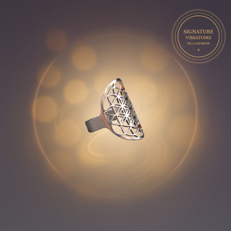 Bague Fleur de Vie centrale informée en biorésonance – bijou géométrie sacrée en acier inoxydable