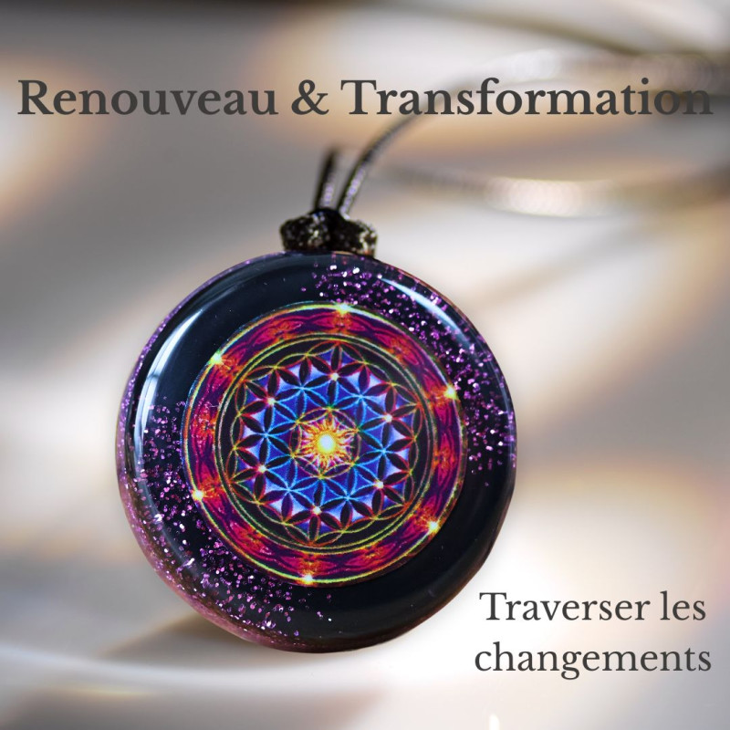 Pendentif générateur d’Orgone Transformation & Renouveau avec symbole Fleur de Vie