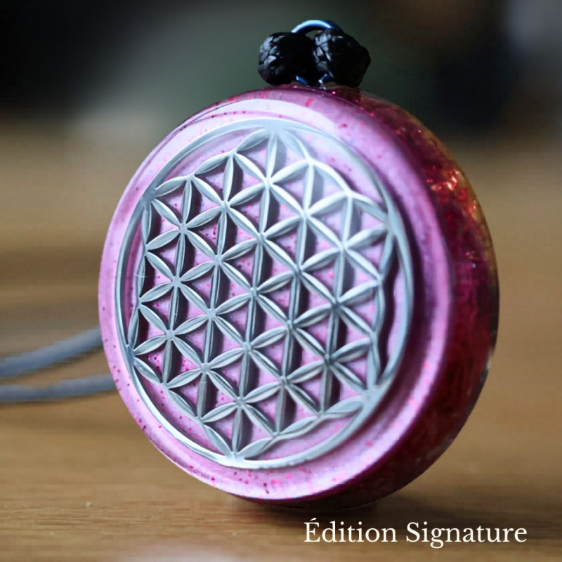 pendentif orgonite fleur de vie métal signature univers fleur de vie amour équilibre émotionnel