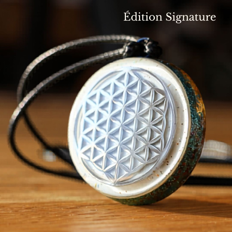 Pendentif orgonite Fleur de Vie métal signature Clarté mentale Univers Fleur de Vie