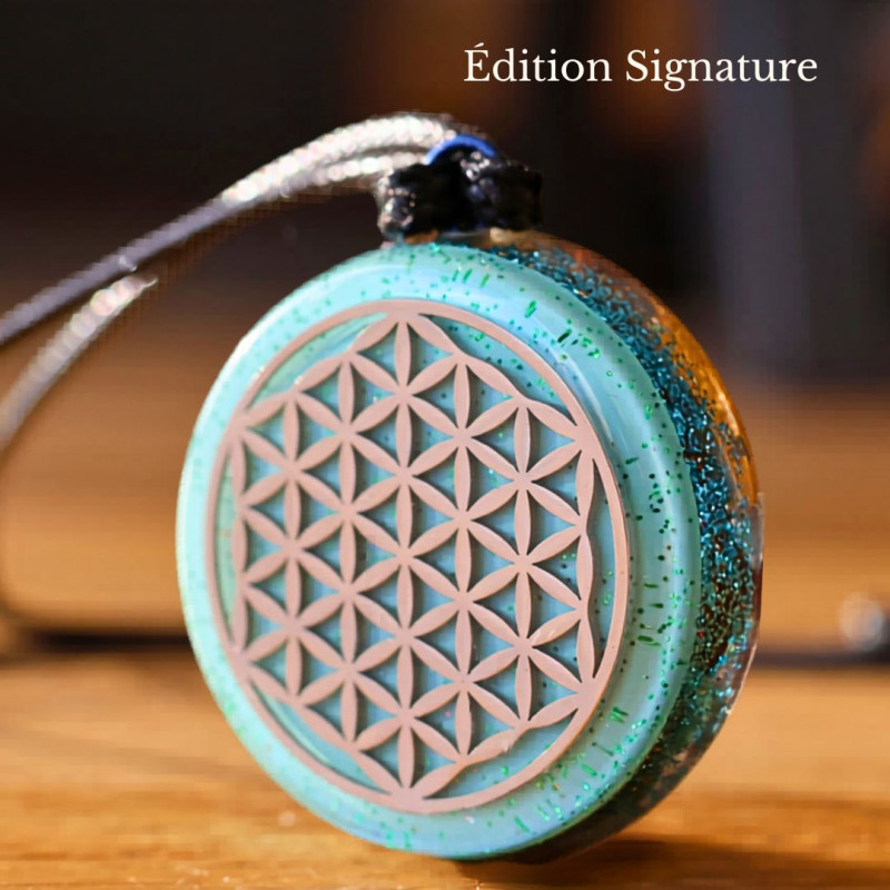 Pendentif générateur d’Orgone enfant et personne sensible avec symbole Fleur de Vie