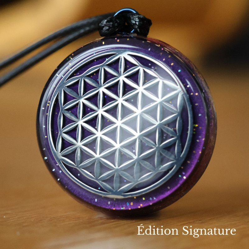 Pendentif orgonite Transformation & Renouveau avec Fleur de Vie métallique