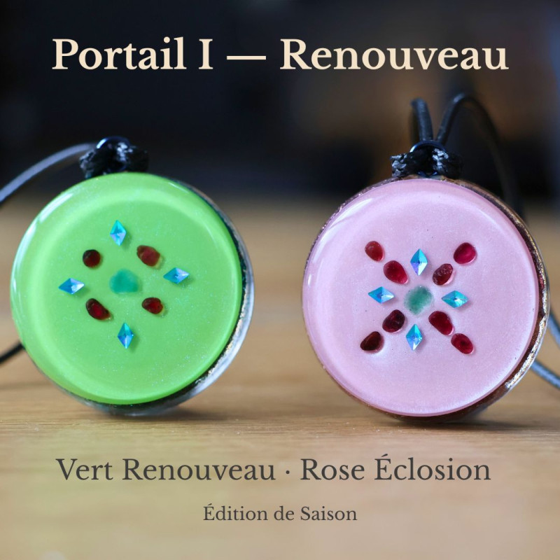 Pendentif Orgonite Portail I Renouveau Vert Renouveau Rose Éclosion Univers Fleur de Vie