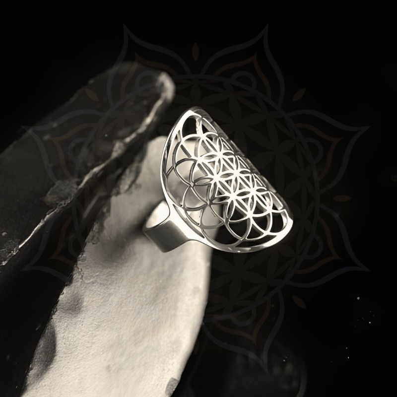 Bague Fleur de Vie centrale dorée – bijou géométrie sacrée informé en biorésonance