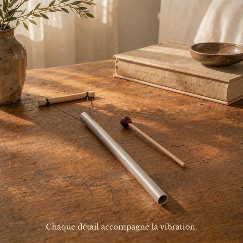 Détail de l’Harmoniseur 174 Hz avec maillet, tube métallique et bâton de suspension sur table en bois.