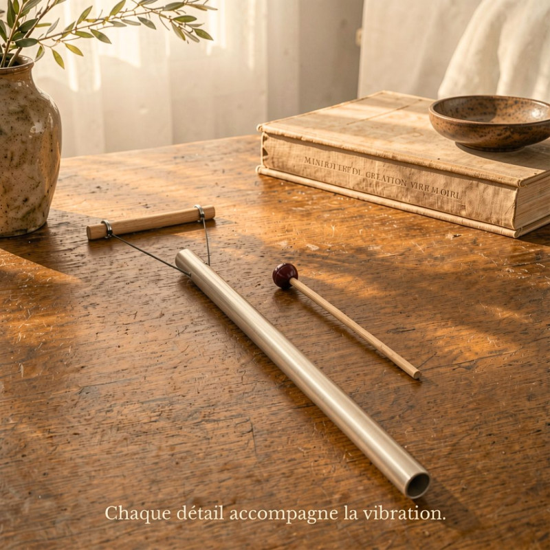 Détail d’un Harmoniseur vibratoire avec tube métallique, maillet et bâton de suspension en bois.