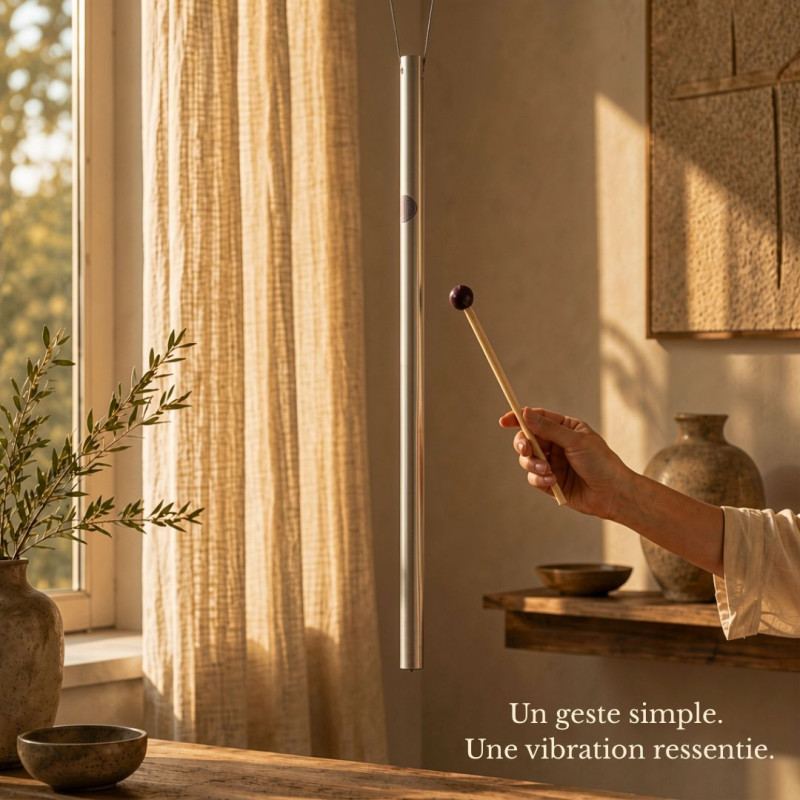 Activation d’un Harmoniseur vibratoire avec son maillet en bois dans une ambiance chaleureuse.
