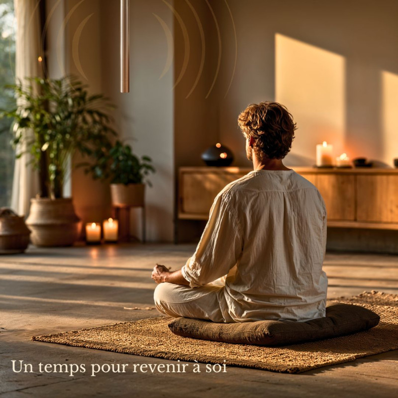 Harmoniseur 396 Hz suspendu dans un intérieur chaleureux avec une personne assise en pratique de recentrage.