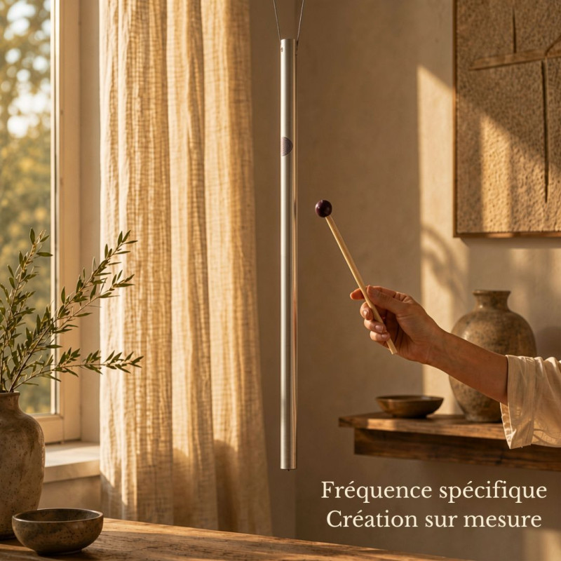 Activation d’un Harmoniseur sur mesure avec son maillet en bois dans une ambiance chaleureuse.