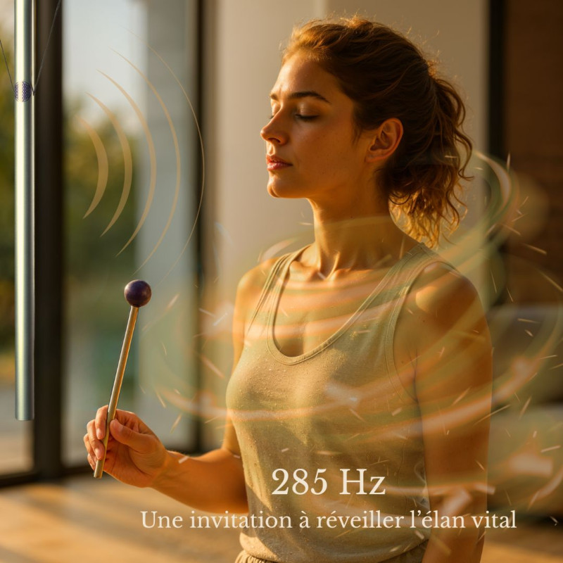 Harmoniseur 285 Hz utilisé avec un maillet dans un moment de pratique vibratoire autour de la stabilité et de la vitalité.