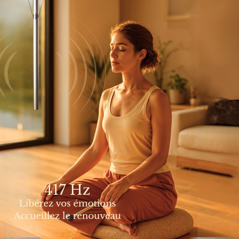 Harmoniseur 417 Hz suspendu dans un intérieur chaleureux avec une personne assise en pratique vibratoire autour du renouveau.