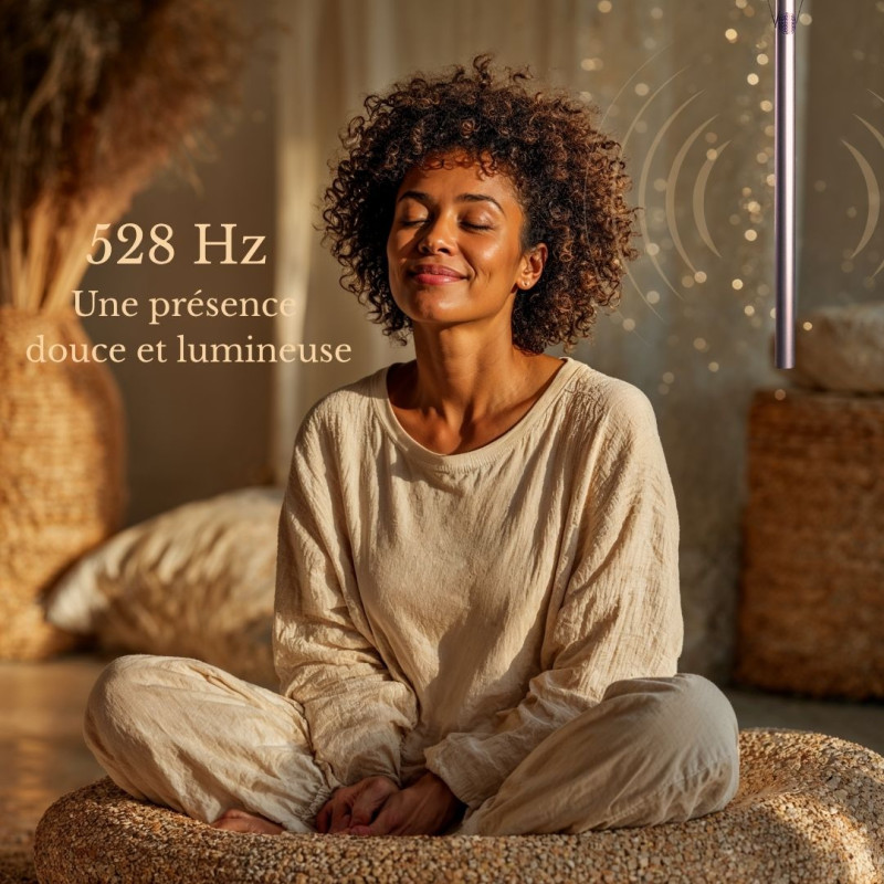 Harmoniseur 528 Hz dans une scène lumineuse avec une personne assise en pratique vibratoire.