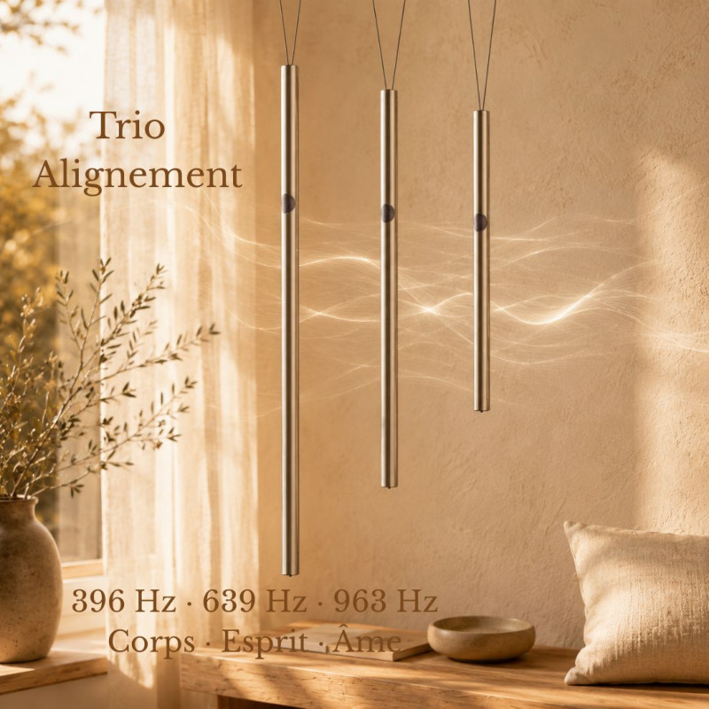 Trio de trois Harmoniseurs vibratoires suspendus, accordés aux fréquences 396 Hz, 639 Hz et 963 Hz.