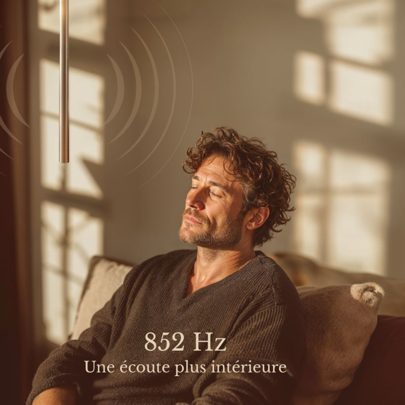 Harmoniseur 852 Hz suspendu dans un intérieur chaleureux avec une personne en moment d’écoute intérieure.
