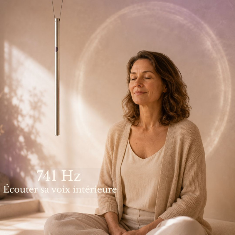 Harmoniseur 741 Hz suspendu près d’une femme en moment de recentrage et d’écoute intérieure.