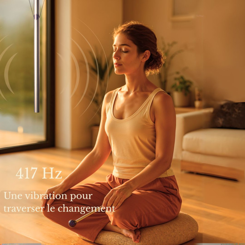 Harmoniseur 417 Hz suspendu dans un intérieur chaleureux avec une personne assise en pratique vibratoire autour du renouveau.