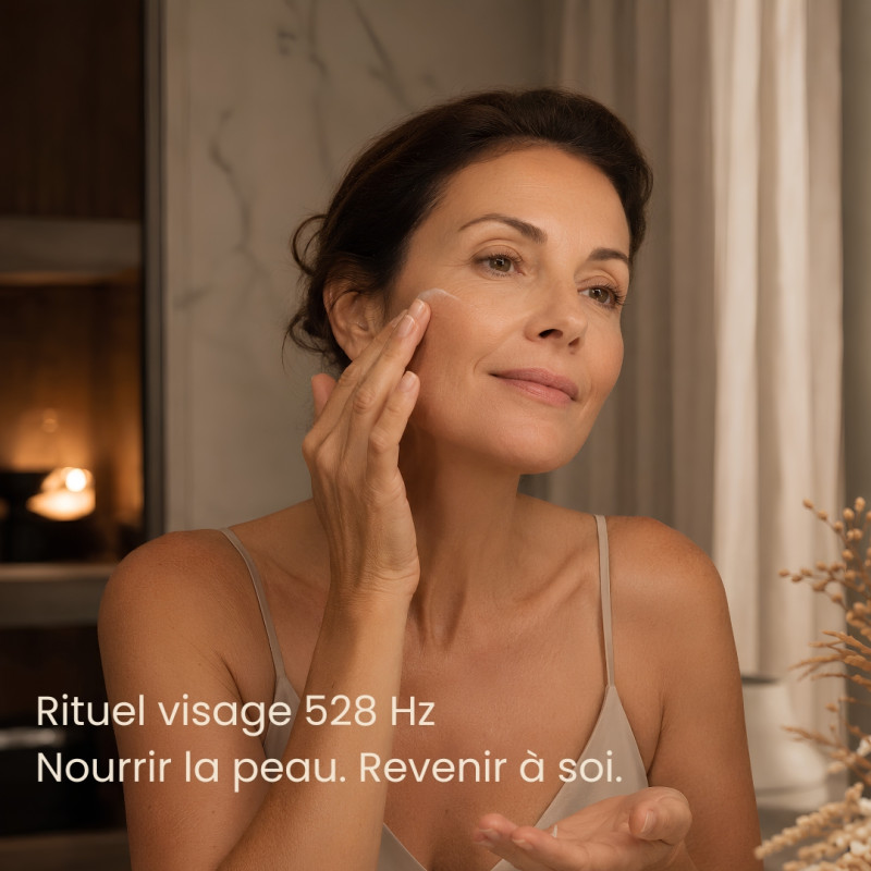Femme appliquant la Crème Régénérante 528 Hz sur le visage lors d’un rituel de soin naturel