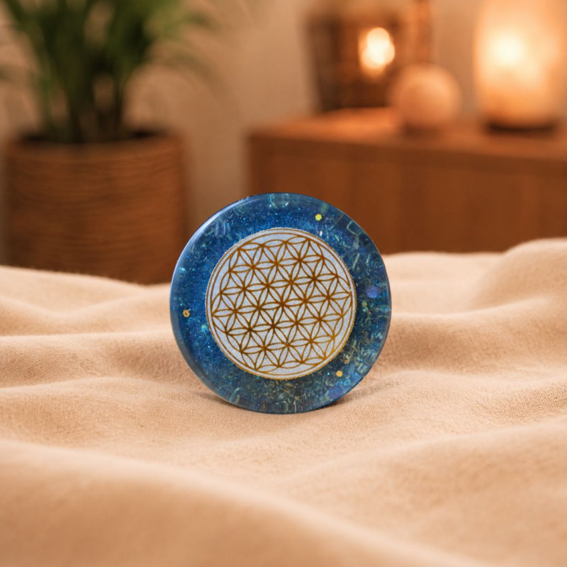 Orgonite de résonance pour thérapeute avec Fleur de Vie dorée et cristaux
