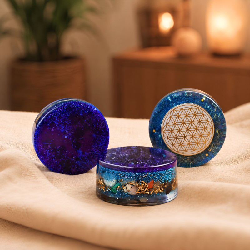 Trio d’orgonites de résonance pour thérapeutes avec Fleur de Vie dorée