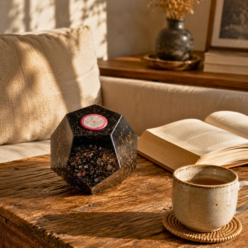 Dodécaèdre orgonite artisanal dans un intérieur chaleureux