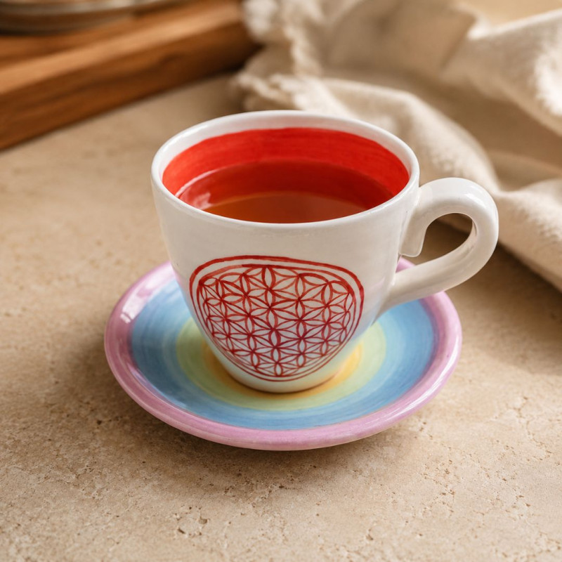 Tasse et soucoupe Fleur de Vie en céramique artisanale dans un intérieur chaleureux