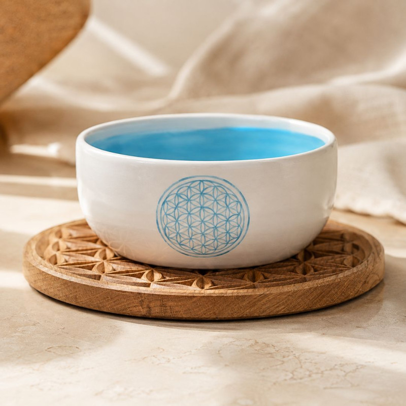 Bol Fleur de Vie bleu en céramique artisanale dans une ambiance chaleureuse