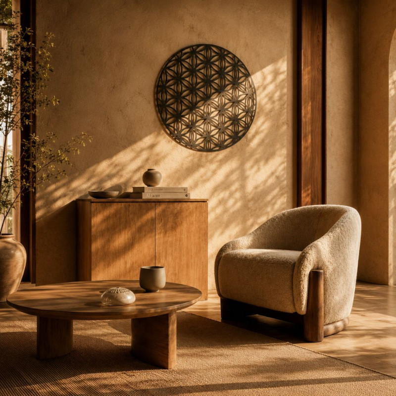Un coin calme baigné de lumière naturelle pour créer un espace apaisant chez soi. décoration murale Fleur de Vie dans un salon chaleureux pour créer un espace apaisant chez soi