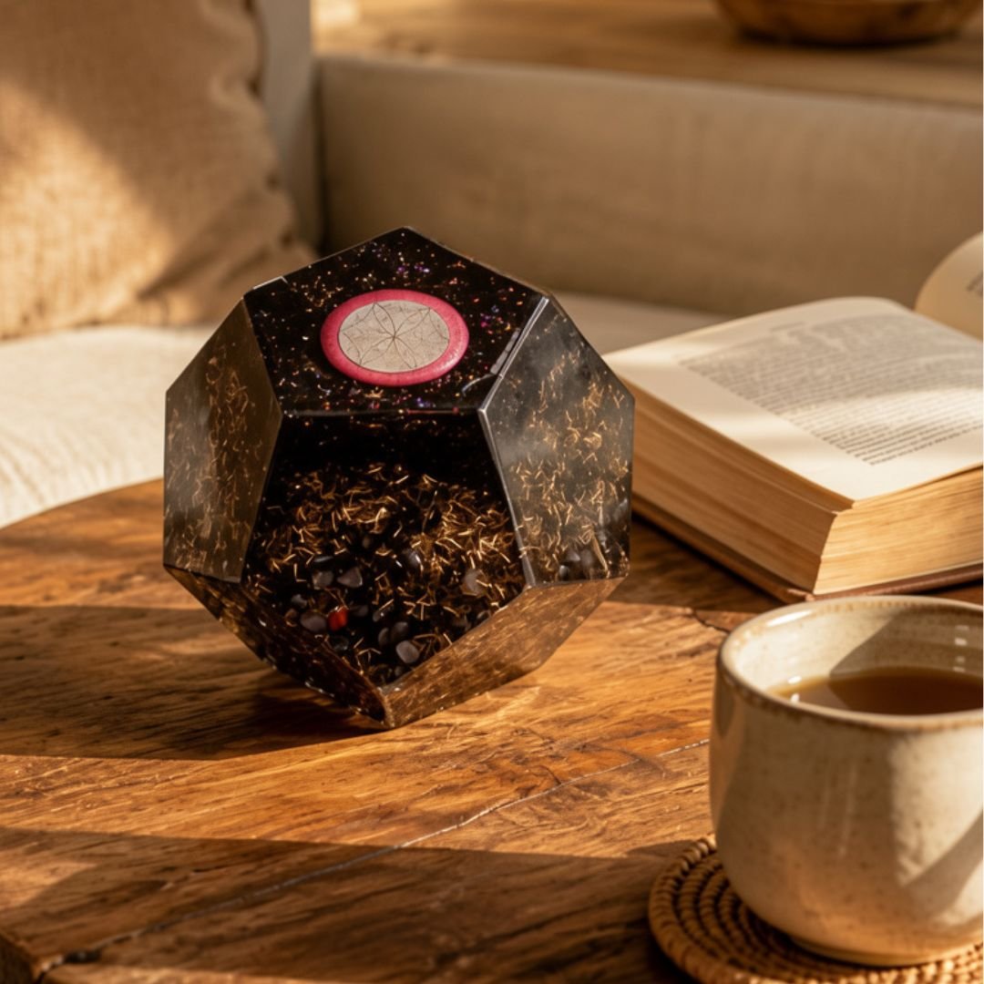 Dodécaèdre orgonite posé dans un intérieur chaleureux, pour accompagner l’atmosphère d’un espace de vie.