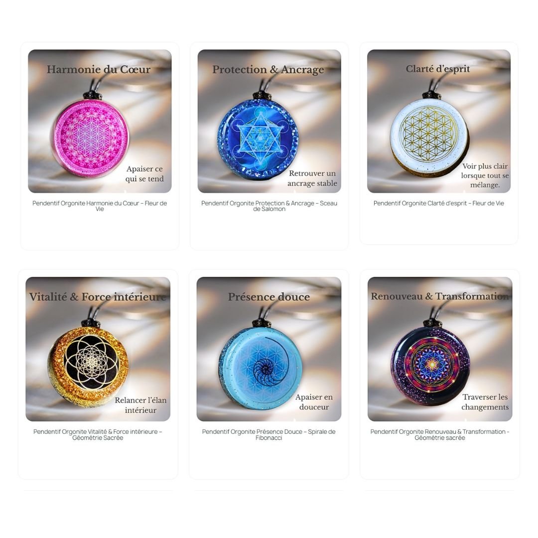 Pendentifs orgonite Univers Fleur de Vie selon six intentions vibratoires : protection, harmonie, clarté, vitalité, transformation et douceur